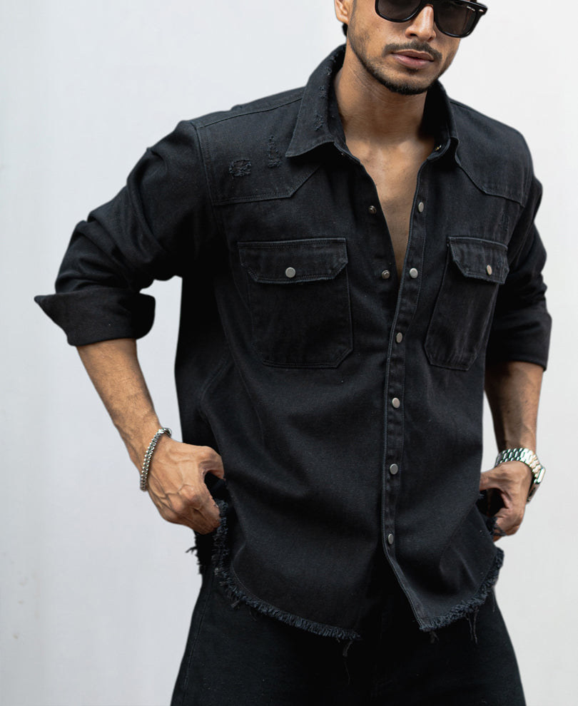 comori denim shirt Black écru comori denim shirt Black écru Carbon Black Regular Fit Full