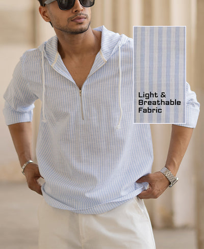 Light Blue Striped Hooded Shirt