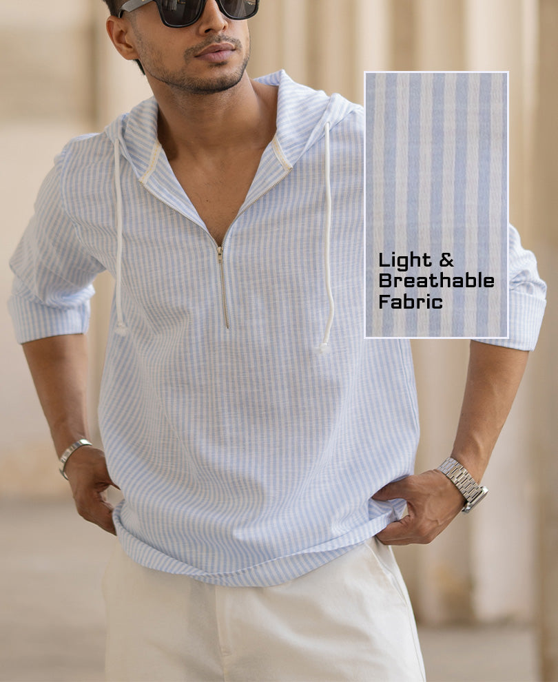Light Blue Striped Hooded Shirt