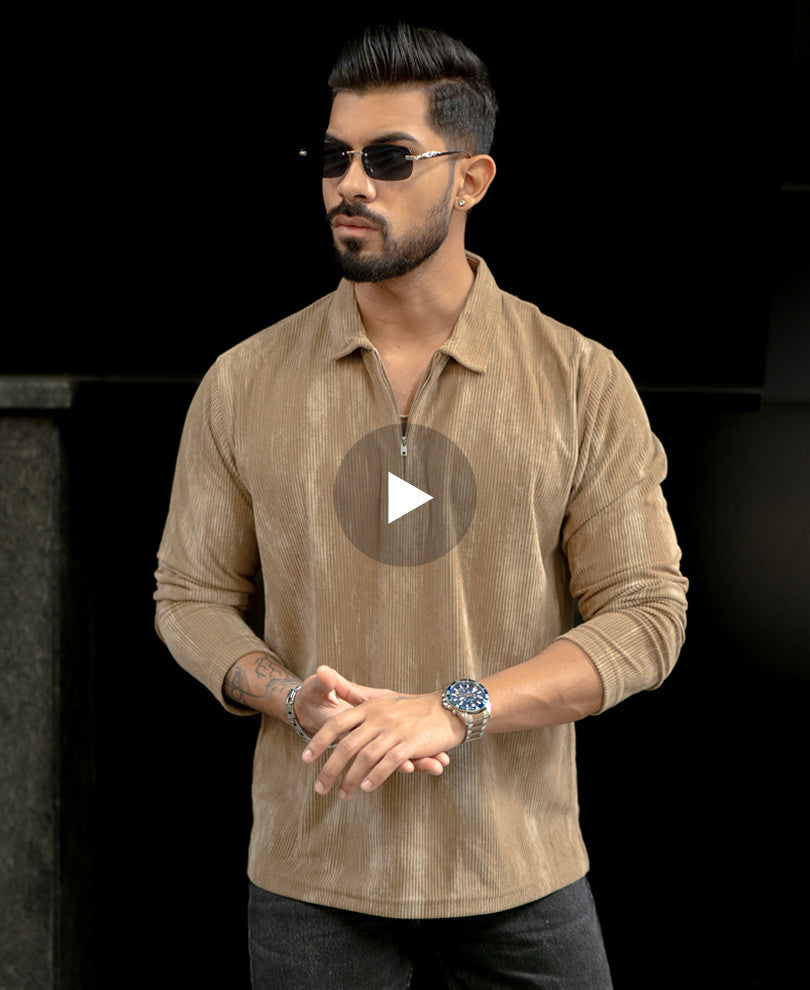 Beige Regular Fit With Zip Full Sleeves T-Shirt