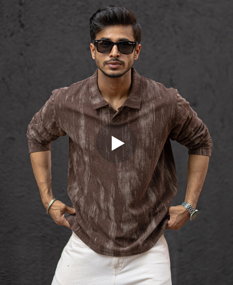 Brown Corduroy Regular Fit Full Sleeves T-Shirt