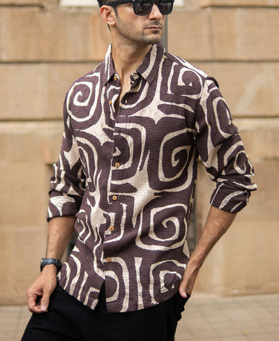 Coffee Brown Abstract Print Shirt