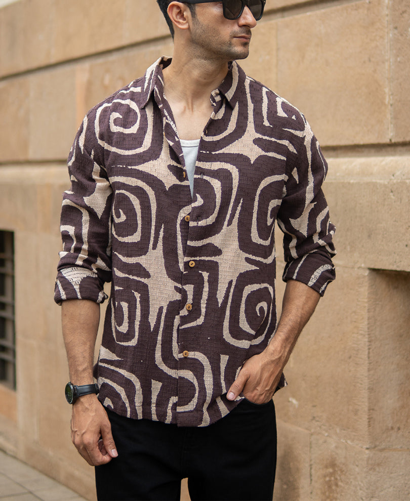 Coffee Brown Abstract Print Shirt