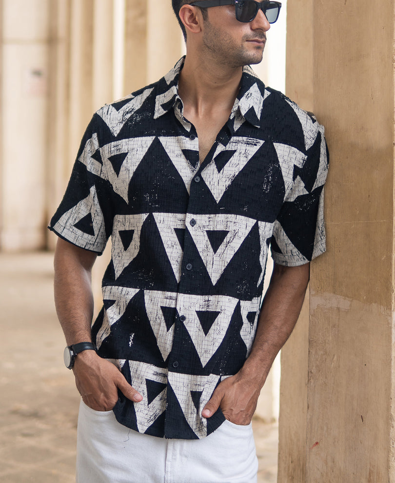 Black Geometric Structured Print Shirt