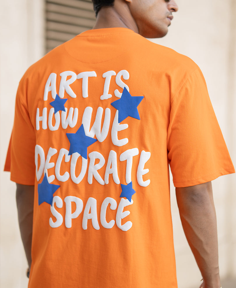 Orange Printed Oversized Half Sleeves T-Shirt