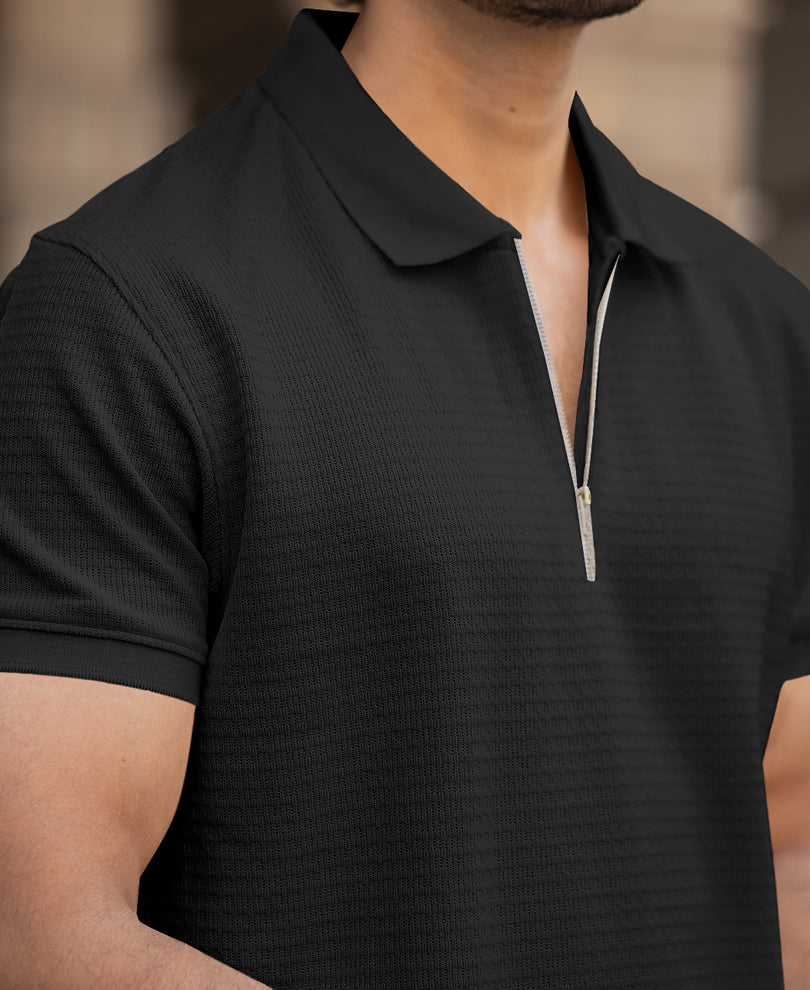 Black Regular Fit Half Sleeves Collar T-Shirt