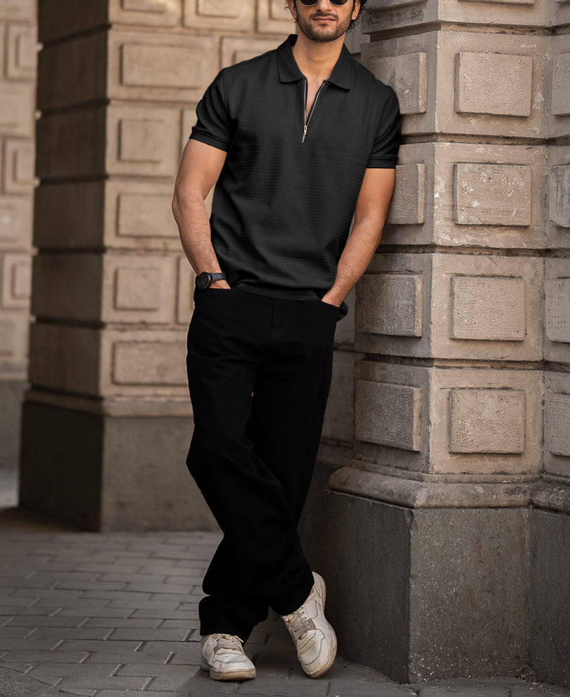 Black Regular Fit Half Sleeves Collar T-Shirt