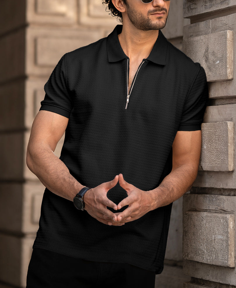 Black Regular Fit Half Sleeves Collar T-Shirt