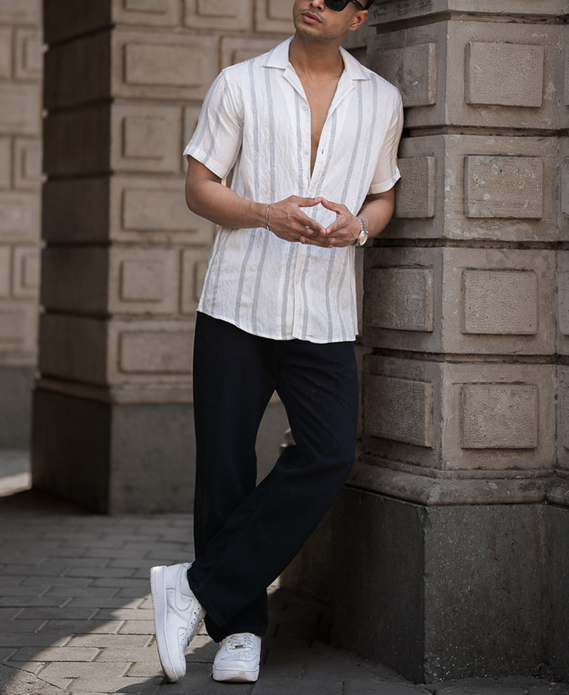 White Micro Striped Flowy Shirt