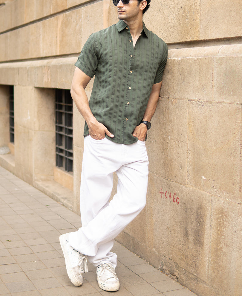 Olive Structured Self Striped Shirt