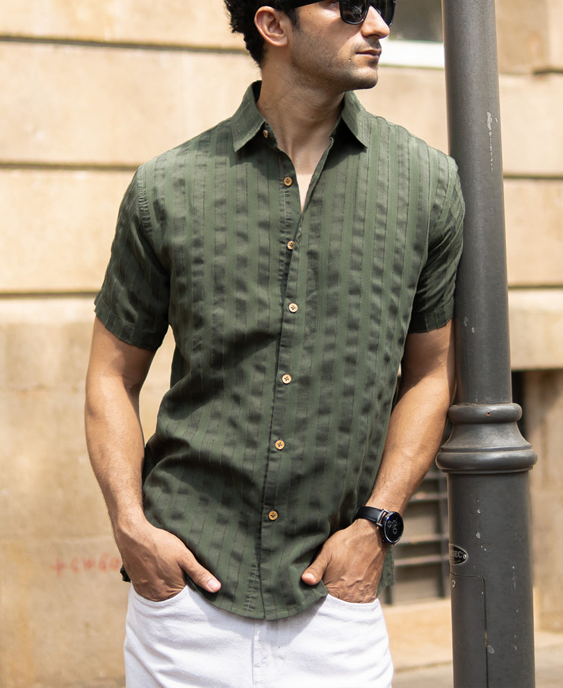 Olive Structured Self Striped Shirt