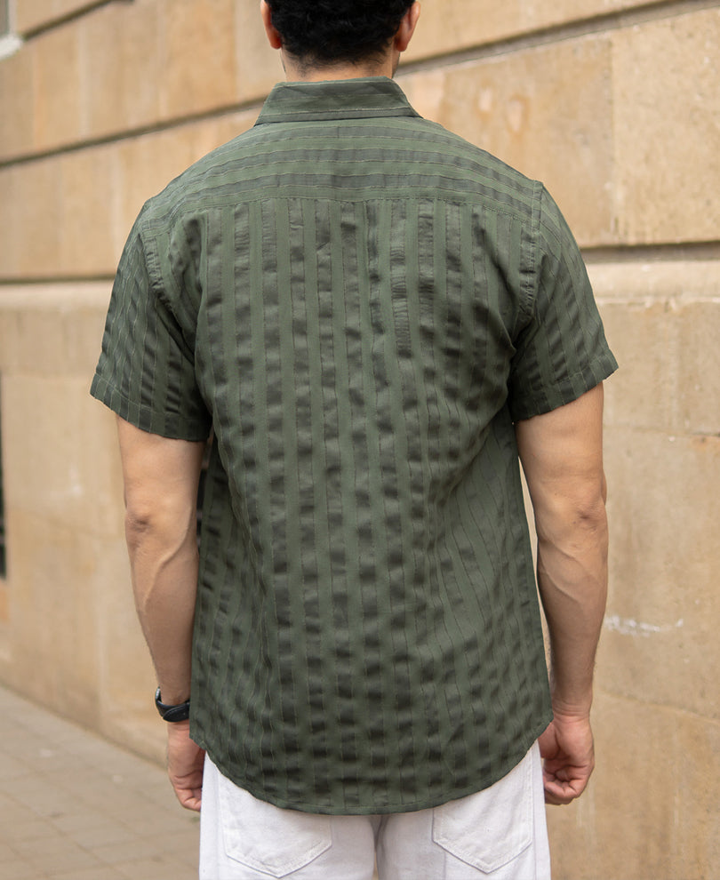 Olive Structured Self Striped Shirt