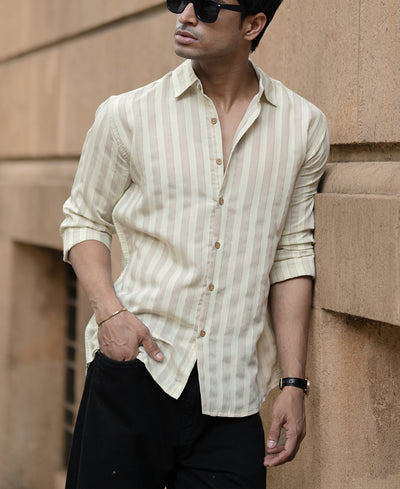 Beige Structured Self Striped Full Sleeves Shirt