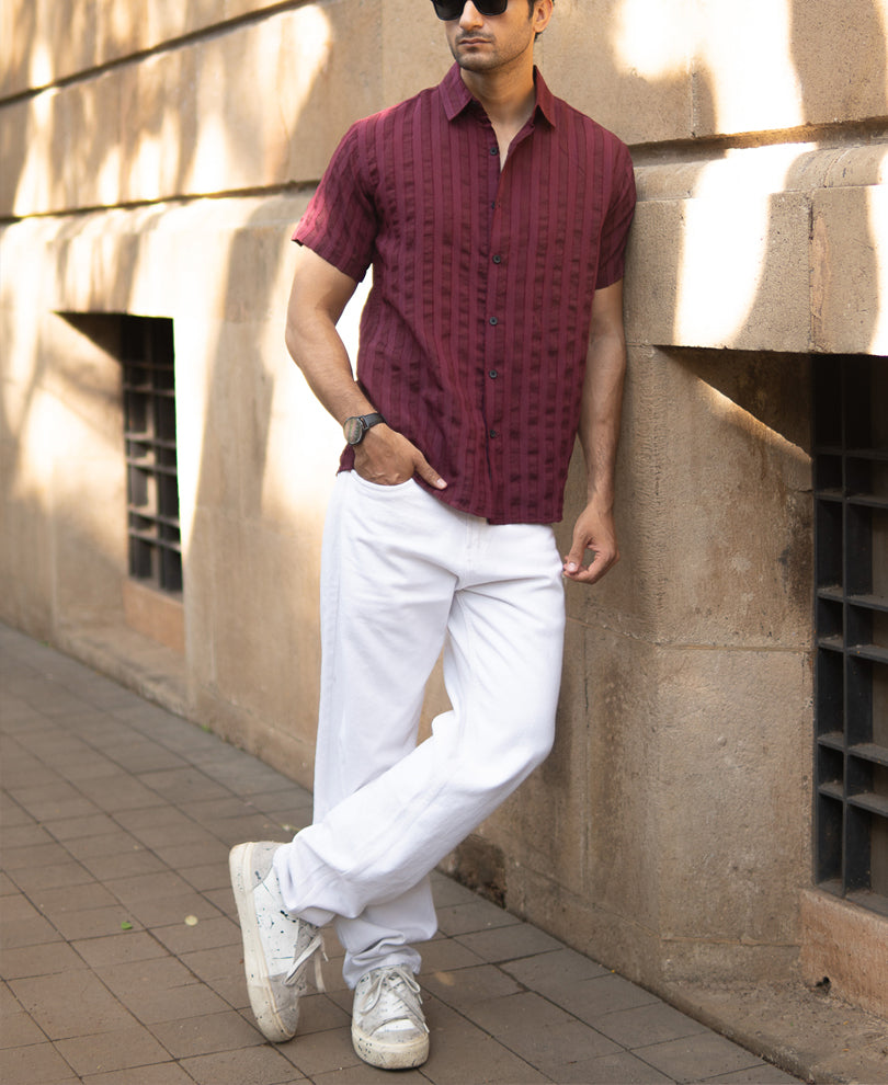 Wine Structured Self Striped Shirt