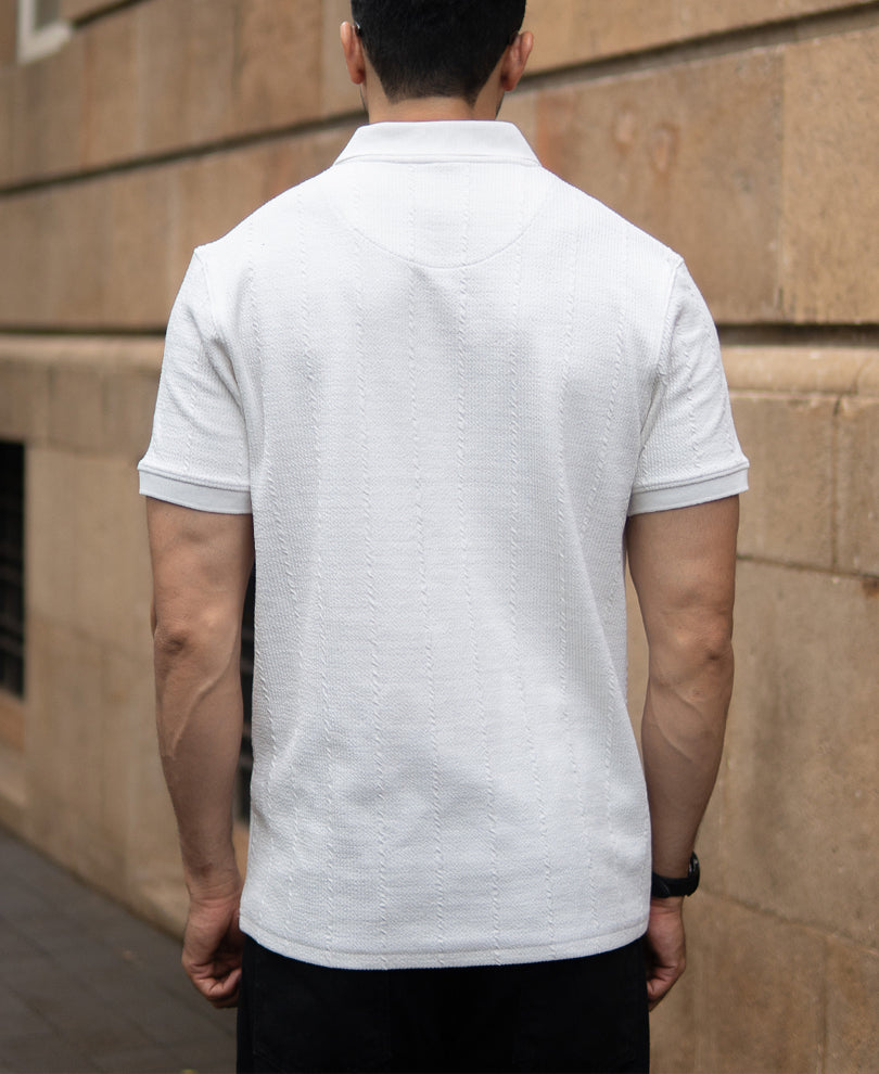 White Structured Knit Polo T-Shirt