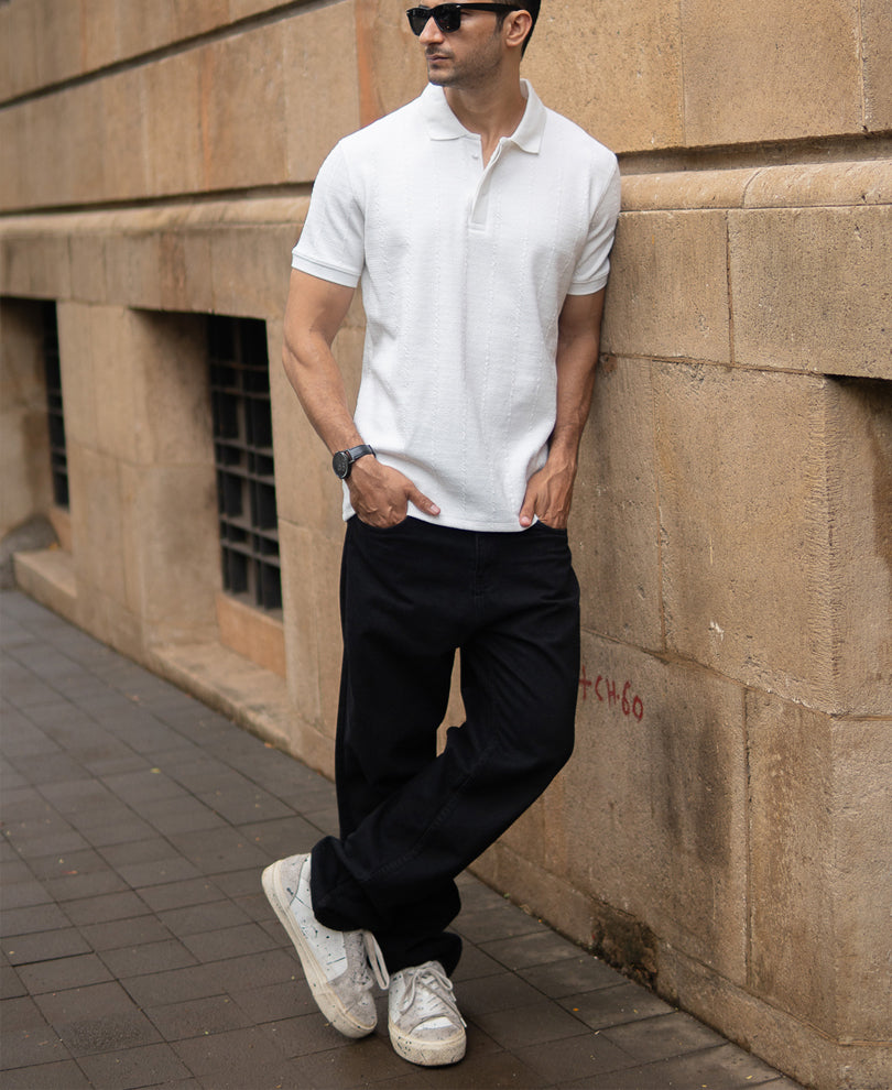 White Structured Knit Polo T-Shirt
