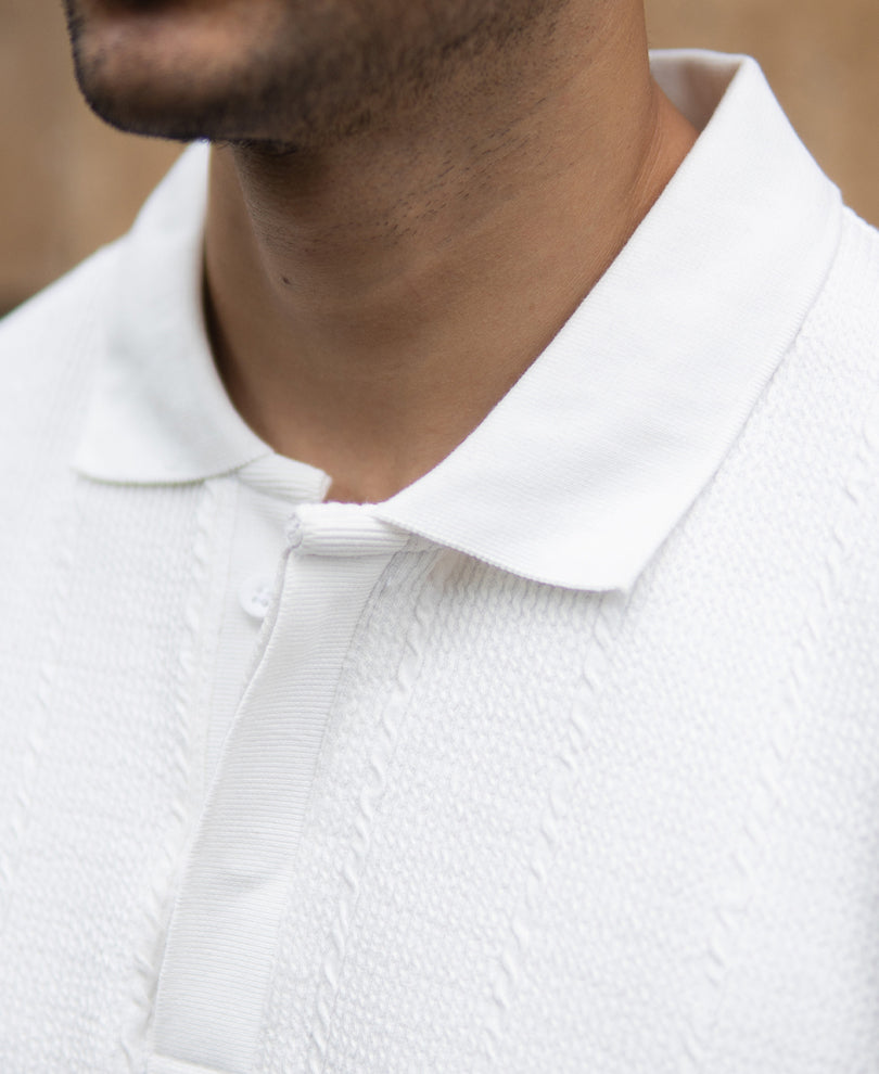 White Structured Knit Polo T-Shirt