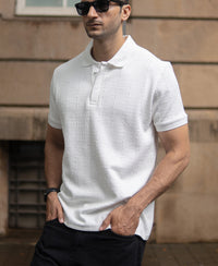 White Structured Knit Polo T-Shirt