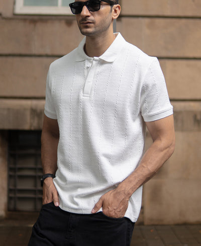 White Structured Knit Polo T-Shirt