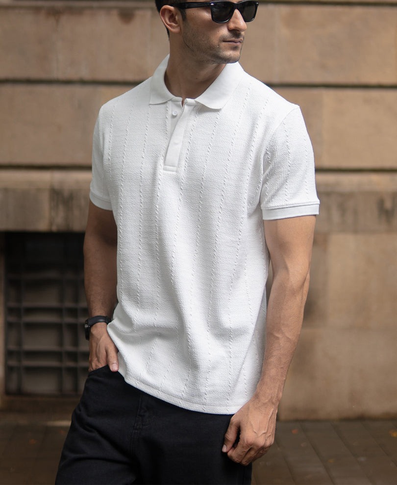 White Structured Knit Polo T-Shirt