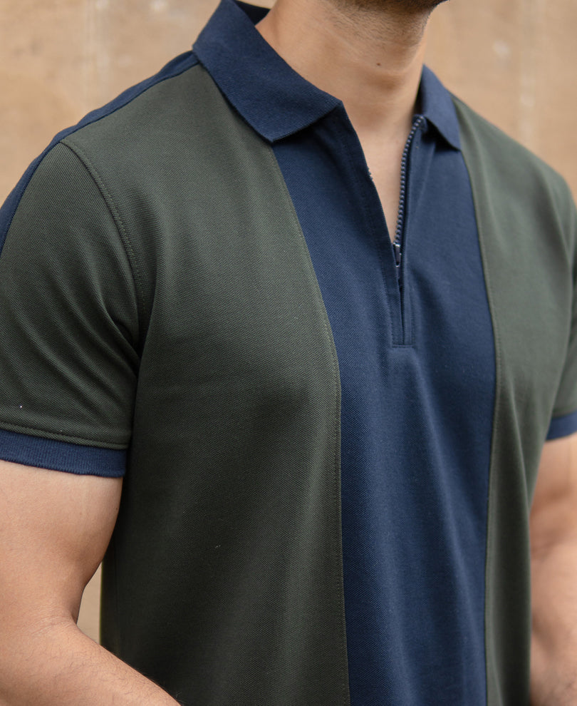 Olive Panneled Polo Tshirt
