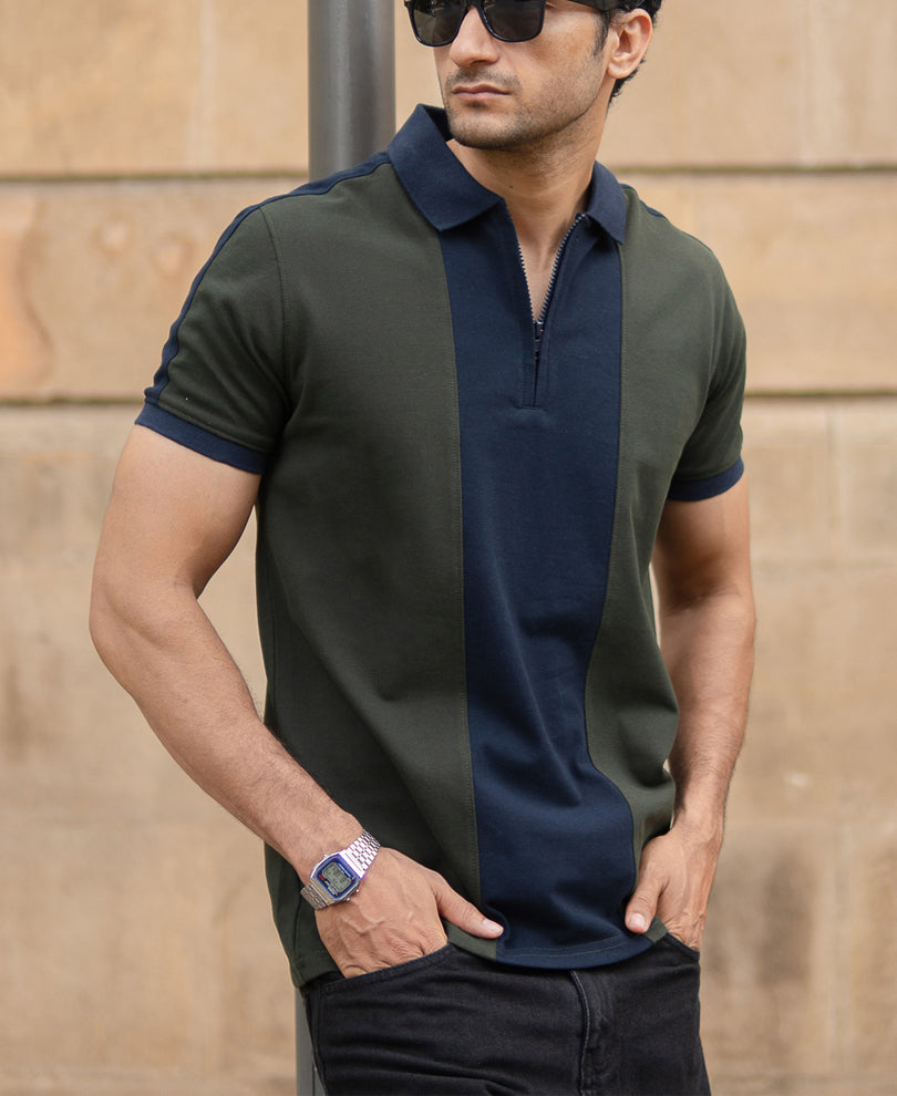 Olive Panneled Polo Tshirt