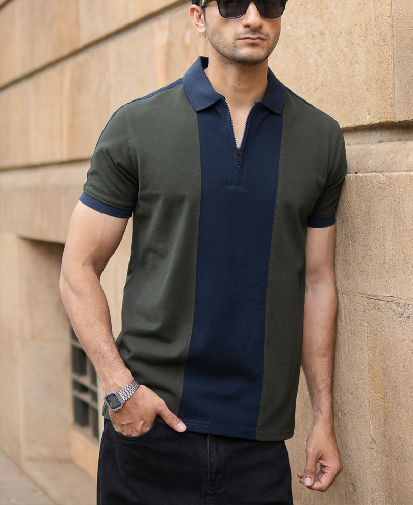 Olive Panneled Polo Tshirt