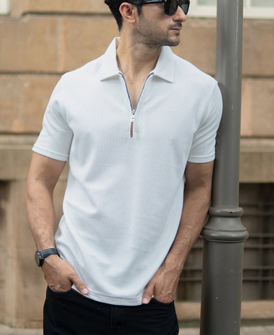 White Knit Zipper Polo T-Shirt