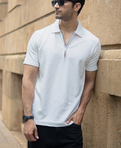 White Knit Zipper Polo T-Shirt