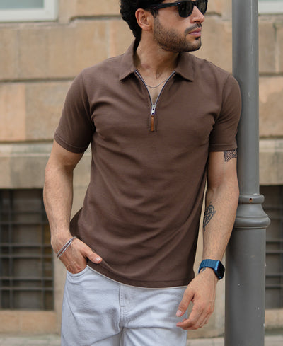 Brown Knit Zipper Polo T-Shirt