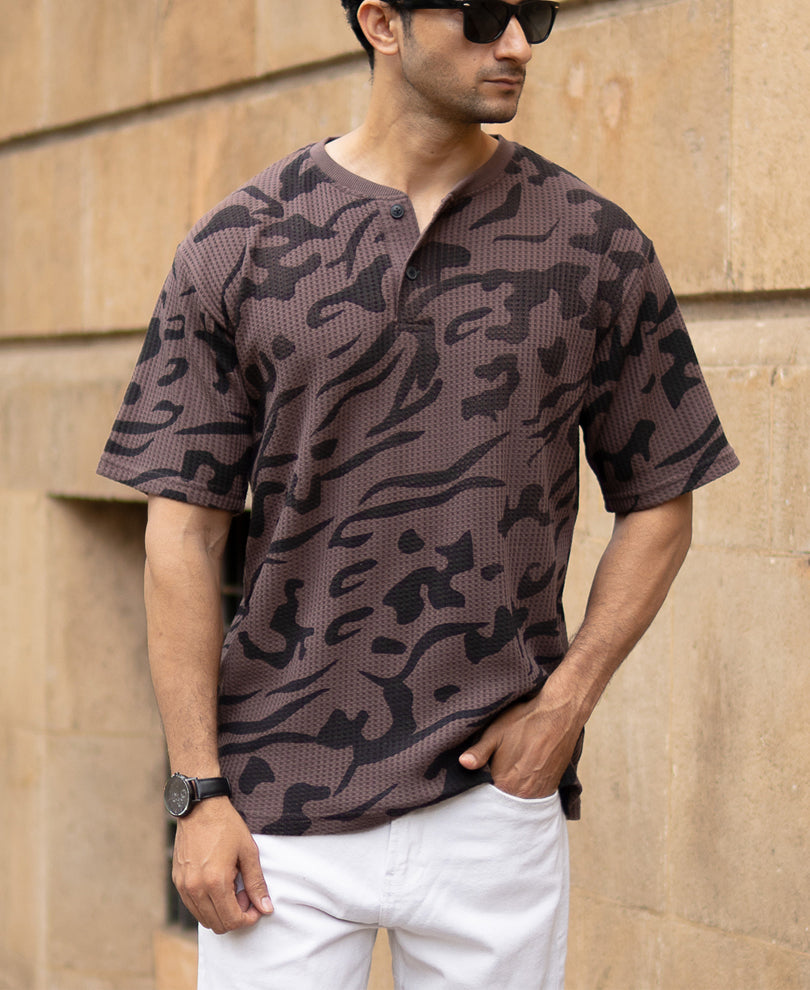 Coffee Brown Printed Henley T-Shirt – Powerlook