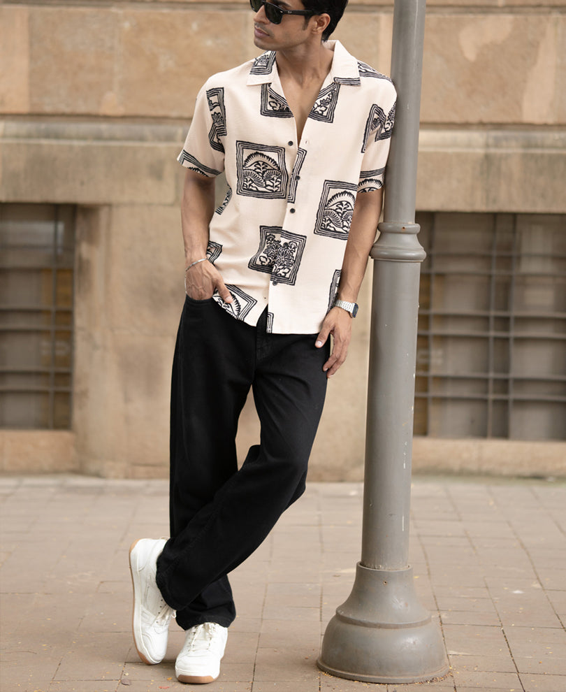 Beige Structured Printed Shirt