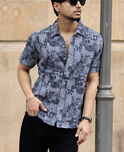 Dark Grey Abstract Regular Fit Half Sleeves Shirt