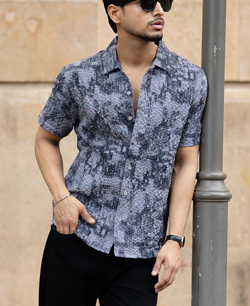Dark Grey Abstract Regular Fit Half Sleeves Shirt