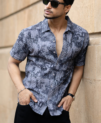 Dark Grey Abstract Regular Fit Half Sleeves Shirt