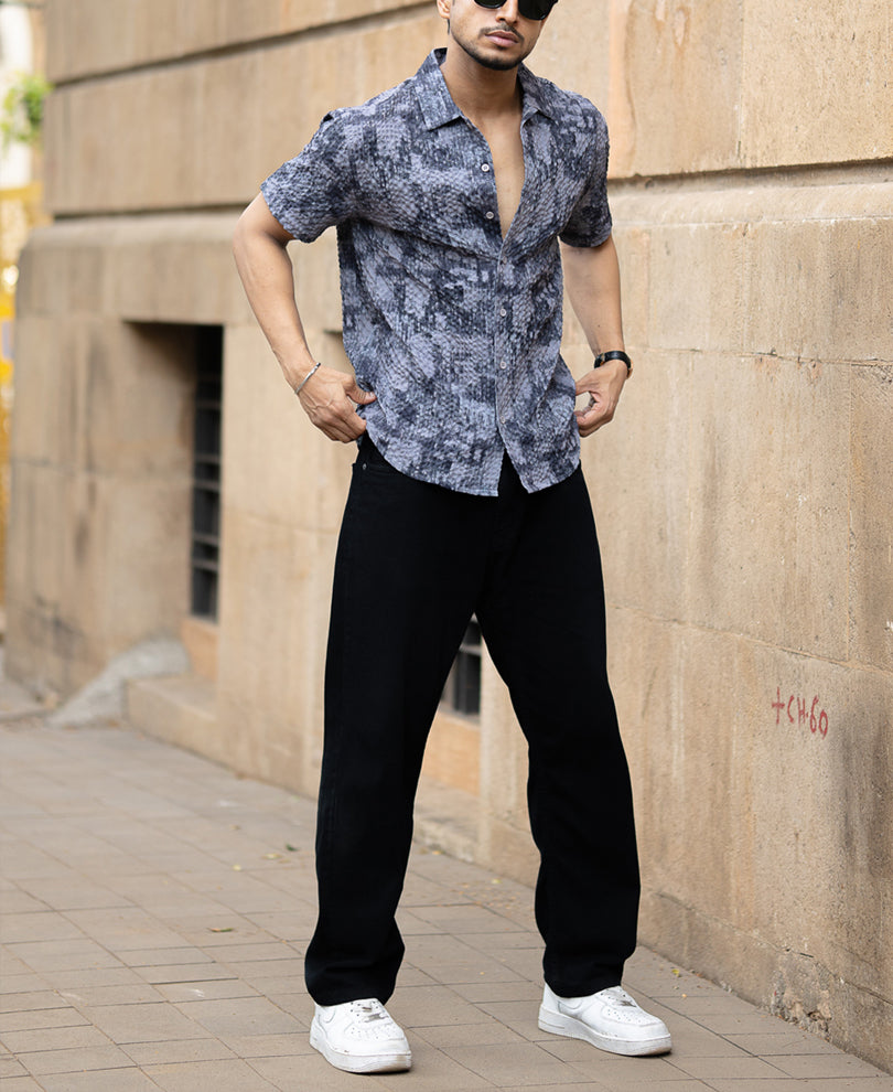 Dark Grey Abstract Regular Fit Half Sleeves Shirt