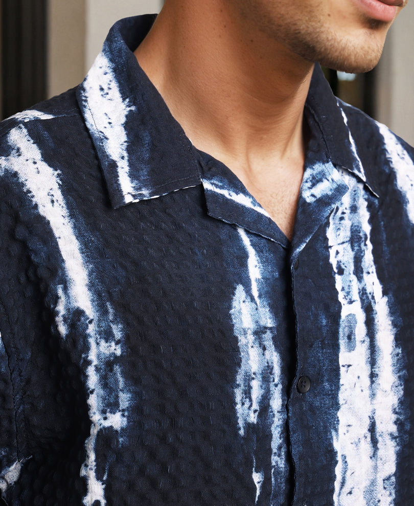Navy Blue Printed Regular Fit Half Sleeves Shirt