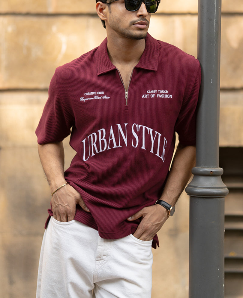 Wine Embroidered Zipper Polo T-Shirt