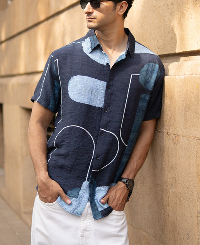 Navy Abstract Structure Print Shirt