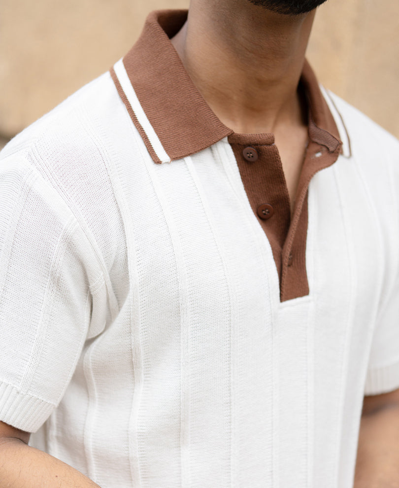 White Contrast Collar Knit T-Shirt