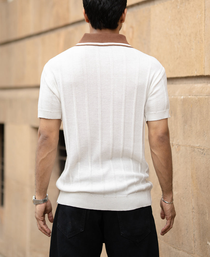 White Contrast Collar Knit T-Shirt