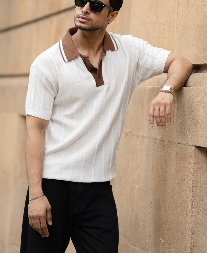 White Contrast Collar Knit T-Shirt