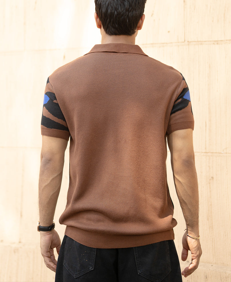 Brown Floral Knit Polo T-Shirt