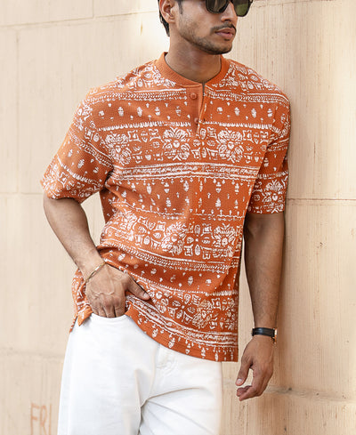 Tan Printed Henley T-Shirt