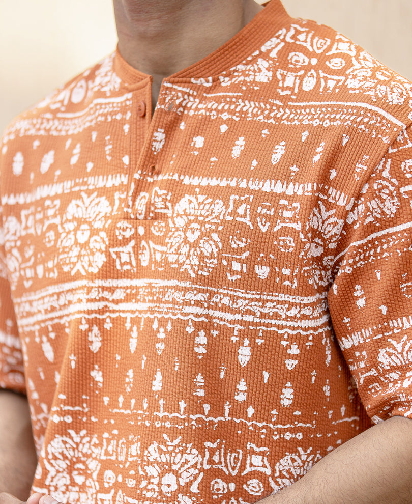 Tan Printed Henley T-Shirt