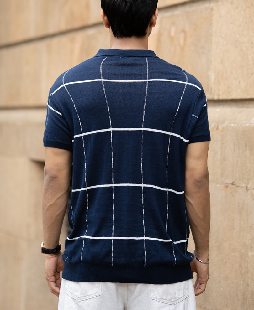Navy Knitted Checks T-Shirt