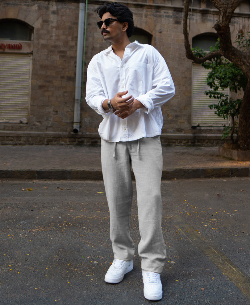 Grey Regular Fit Crinkled Trousers