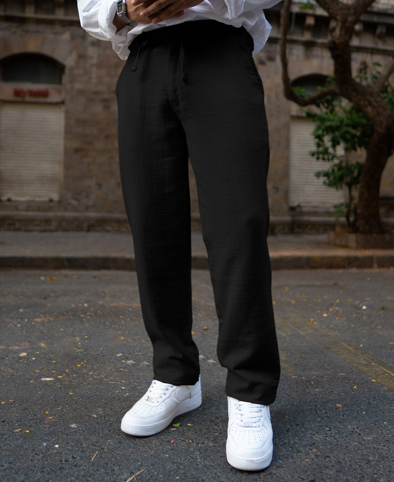 Black Regular Fit Crinkled Trousers