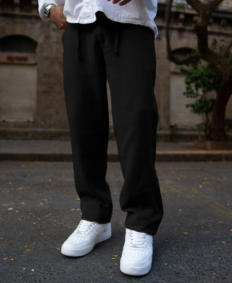 Black Regular Fit Crinkled Trousers