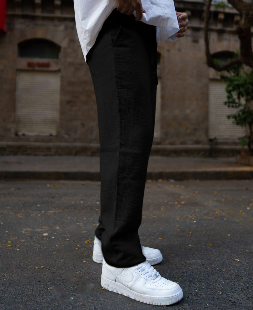Black Regular Fit Crinkled Trousers